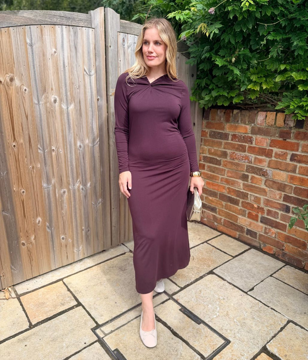 Burgundy Fitted Twist Neck Dress