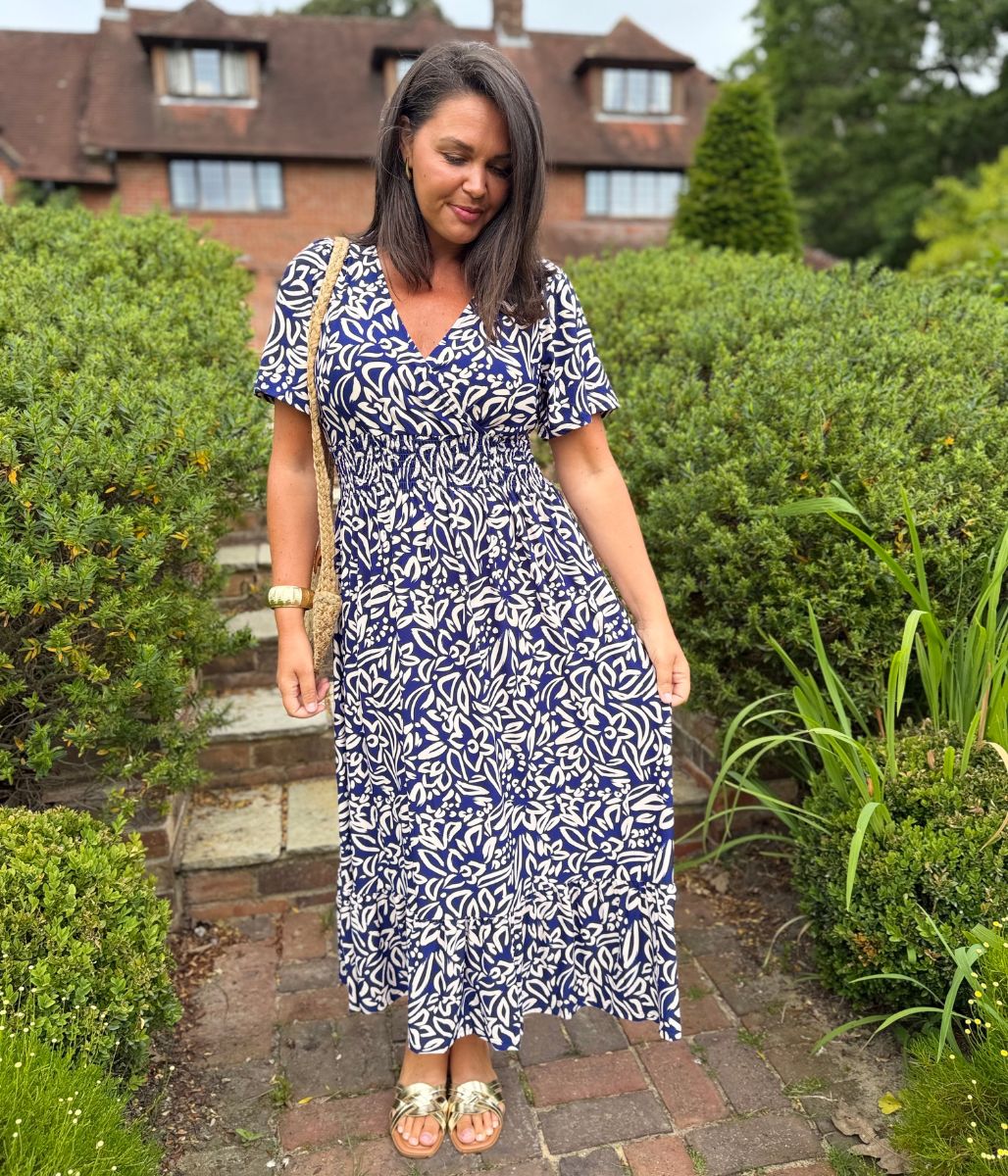 Navy Paloma Shirred Waist Midi Dress