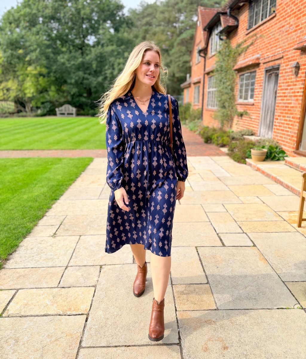 Navy Designer Block Print Midi Dress