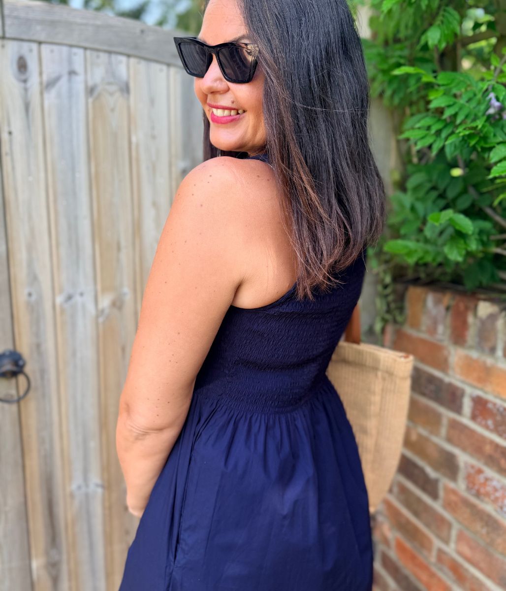 Navy Cotton Poplin Shirred Dress
