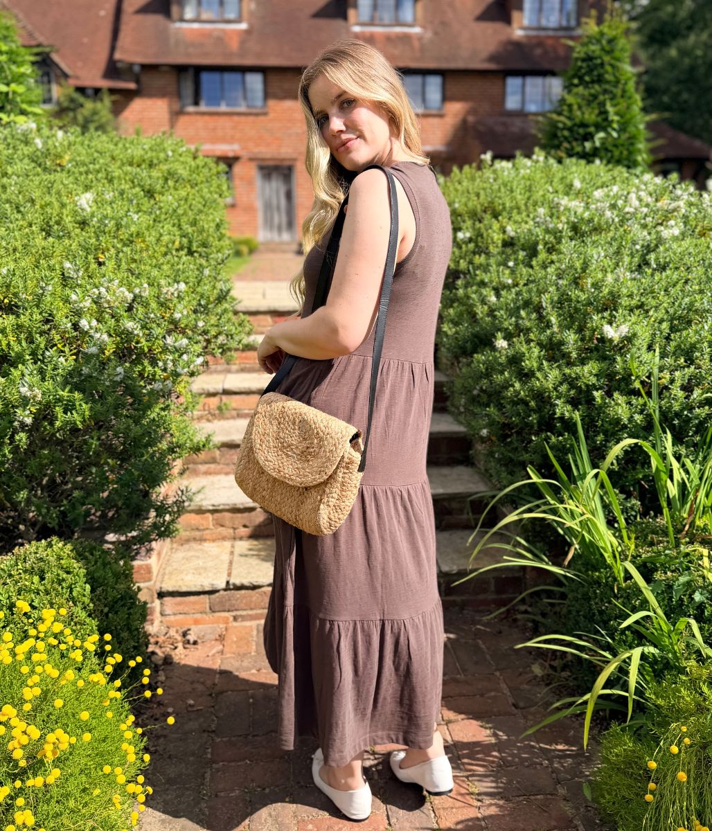 Brown Sleeveless Cotton Slub Jersey Tiered Midi Dress