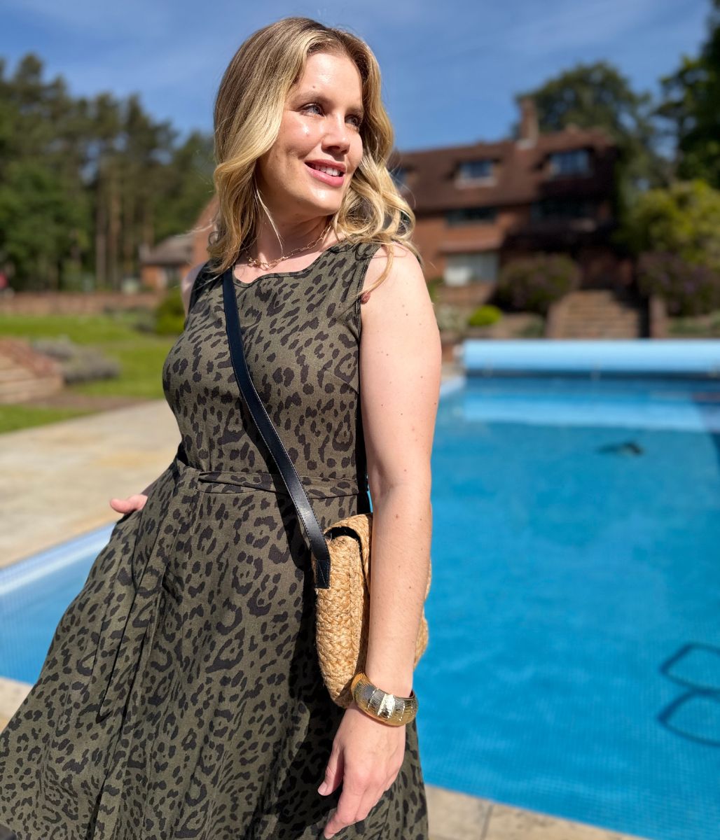 Green Animal Print Sleeveless Belted Linen Blend Midi Dress