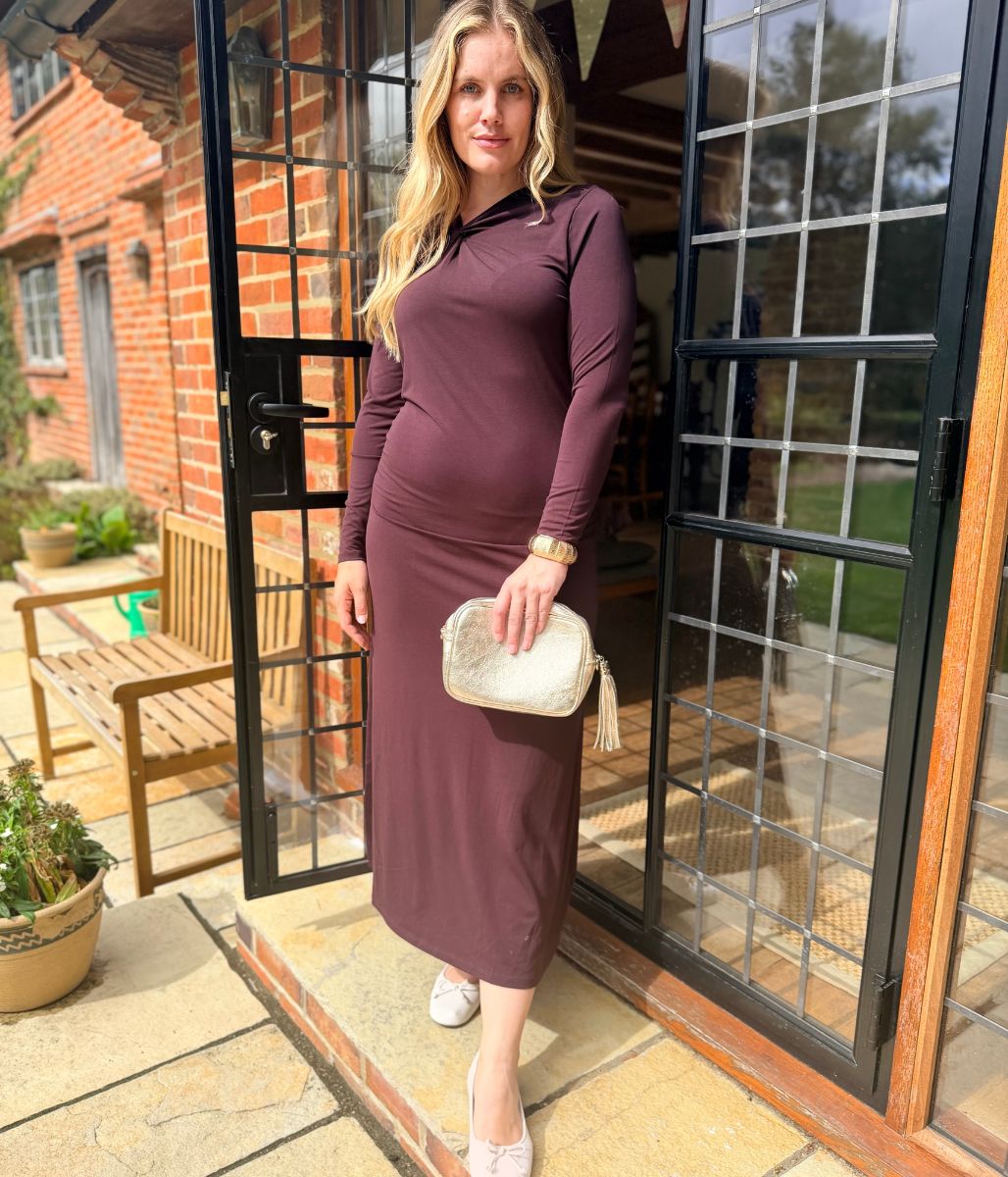 Burgundy Fitted Twist Neck Dress