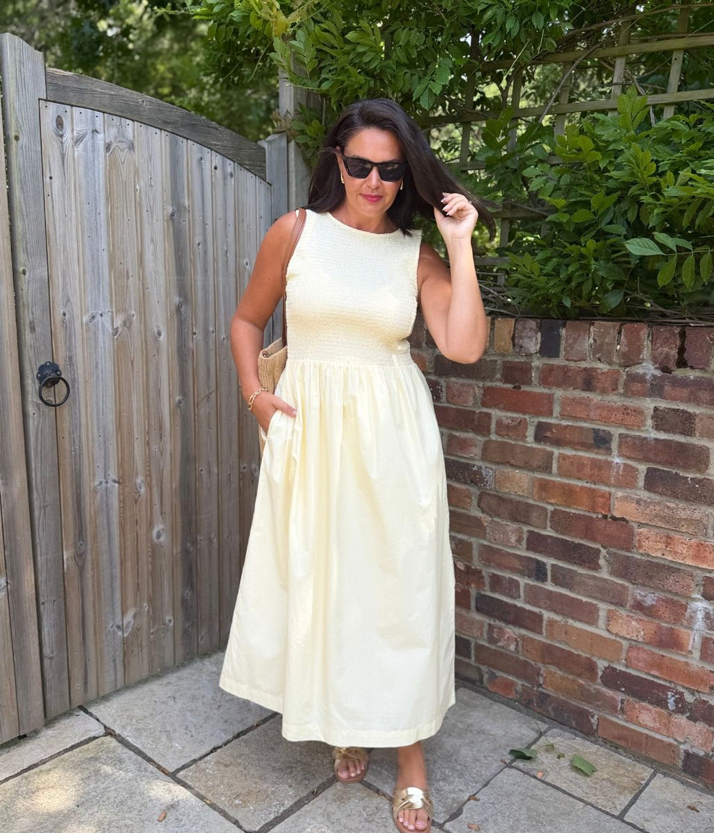 Yellow Cotton Poplin Shirred Dress