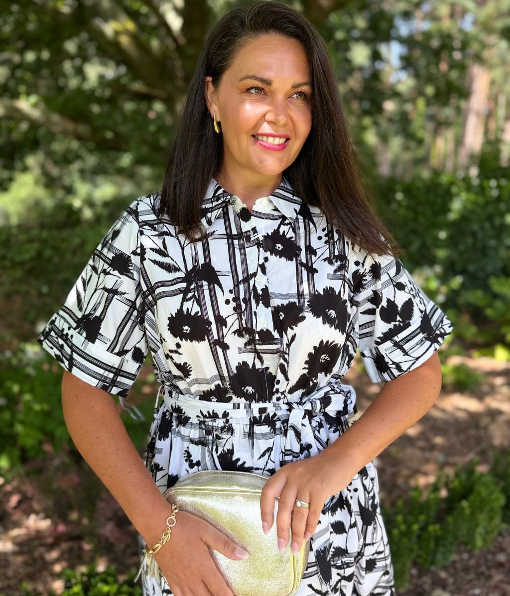 Black Floral Midi Shirt Dress
