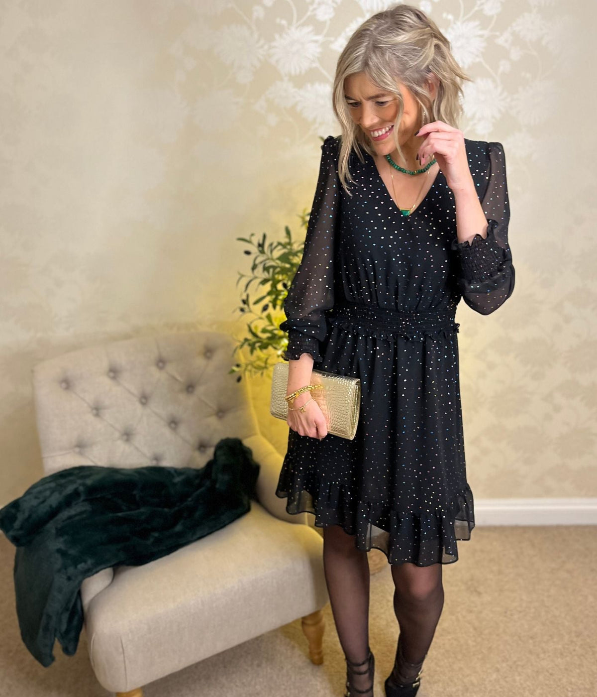 Black Sparkle Chiffon Layered Dress