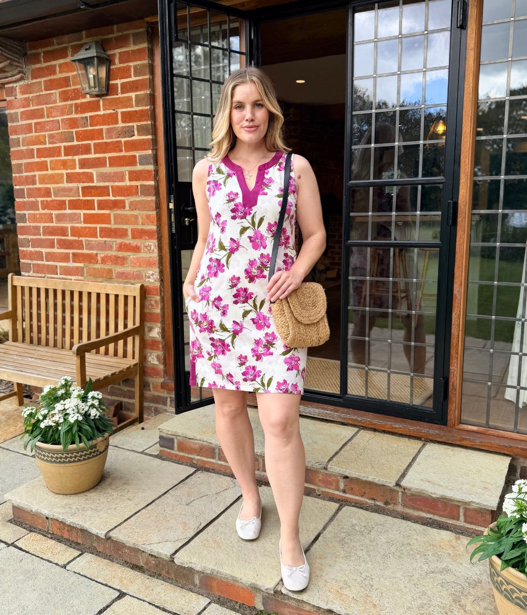 Purple Floral Jersey Notch Neck Dress