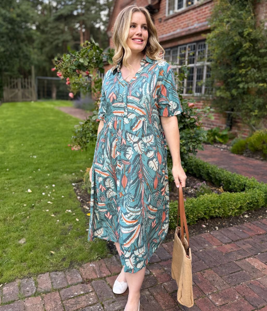 Sage Green Tropical Leaf Dress