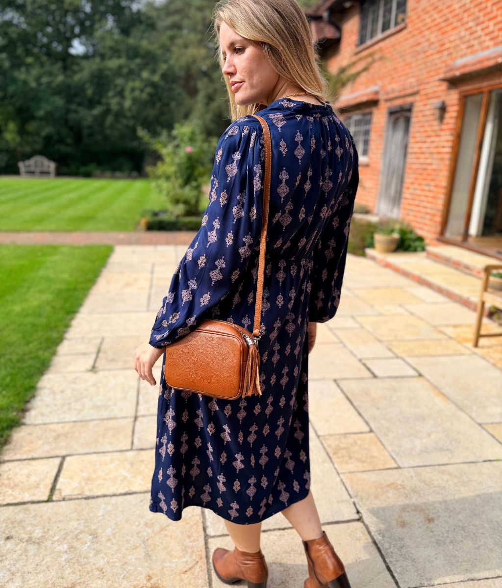 Navy Designer Block Print Midi Dress