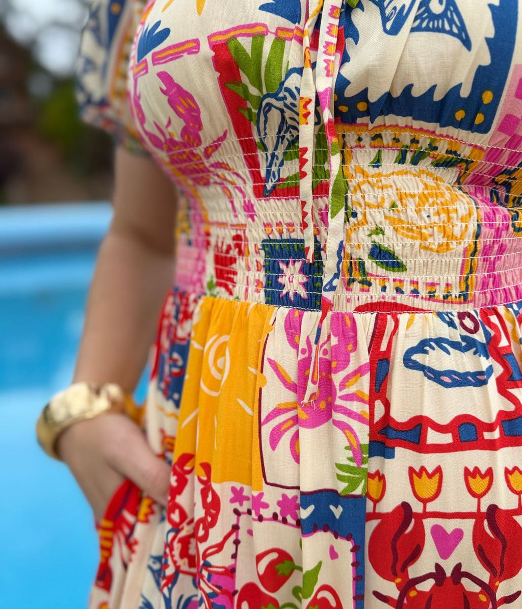 Postcard Print Shirred Midi Dress