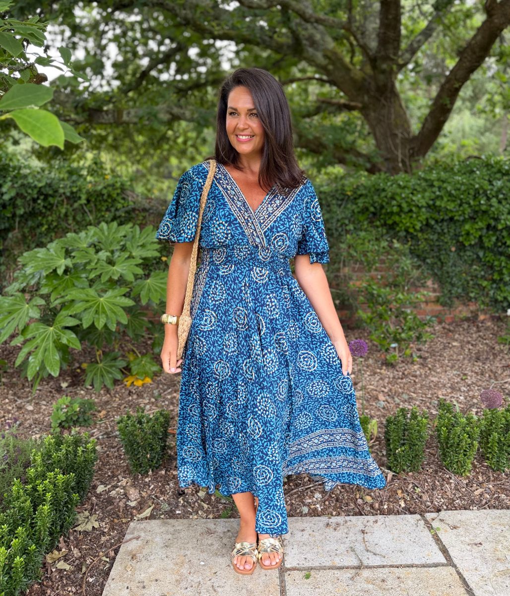 Medina Blue Shirred Waist Midi Dress