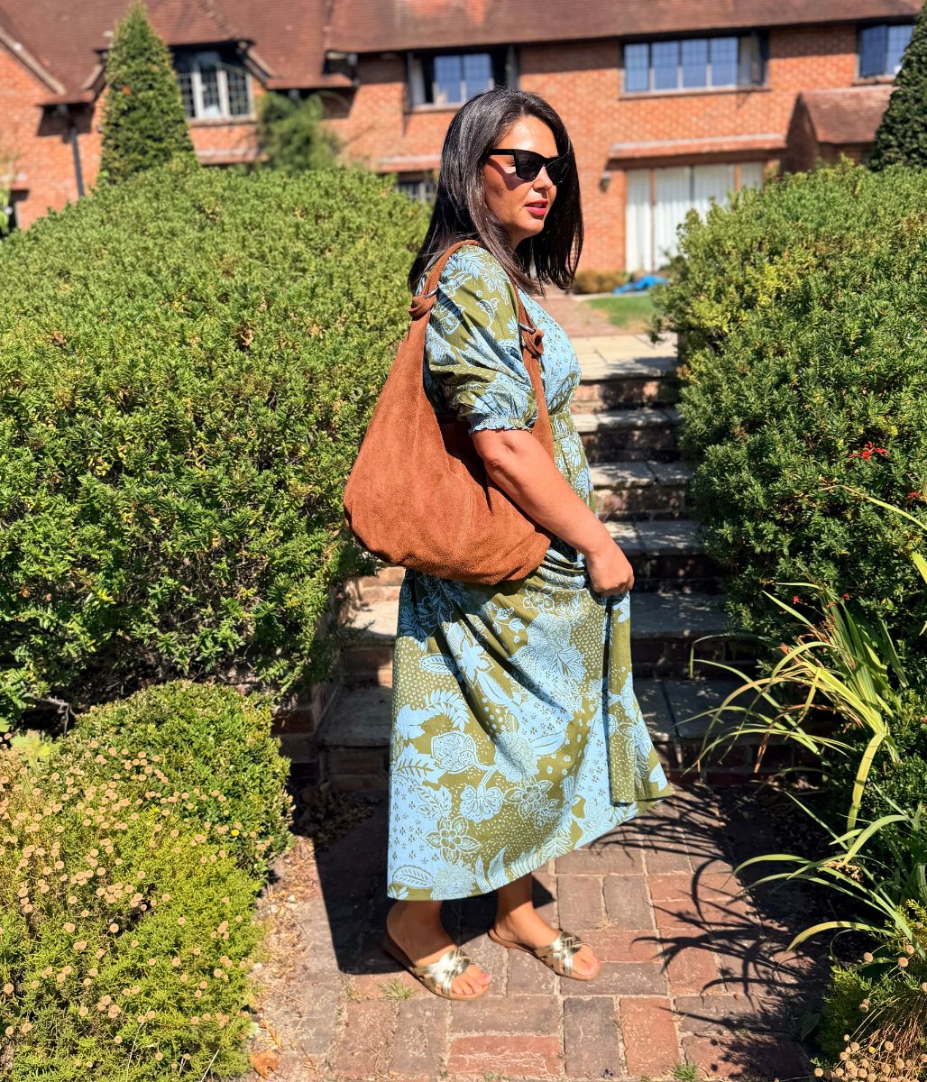 Green Flower Print Waisted Midi Dress