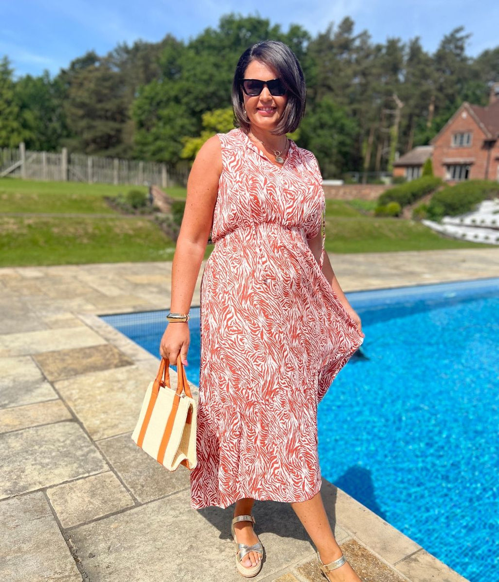 Orange Santorini Shirred Waist Midi Dress