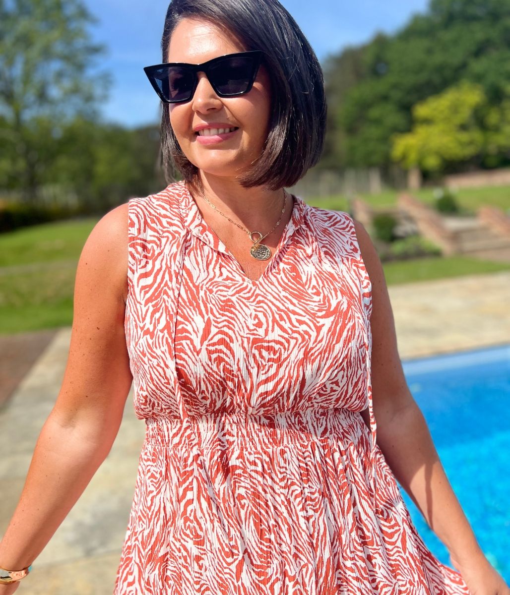 Orange Santorini Shirred Waist Midi Dress
