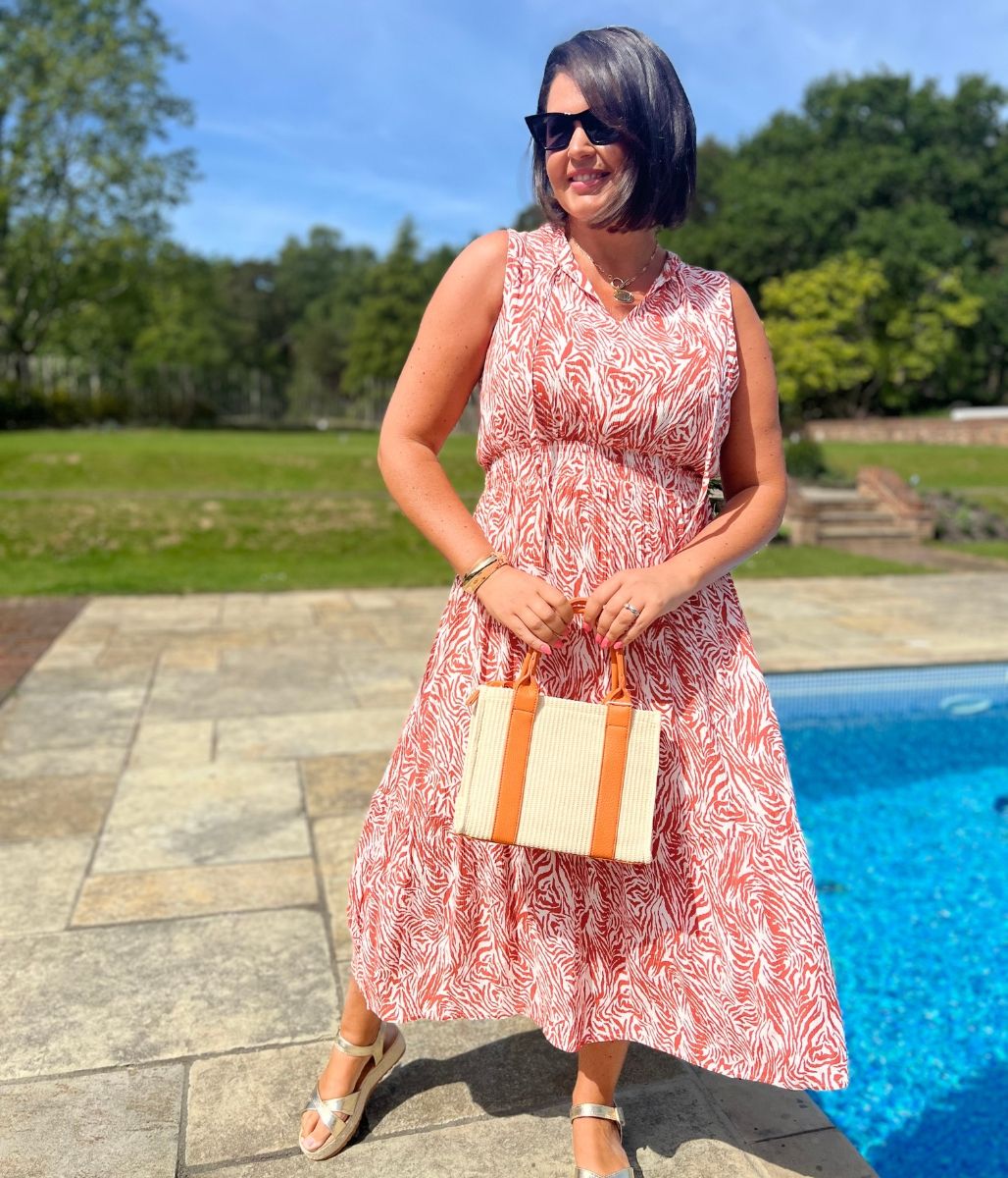 Orange Santorini Shirred Waist Midi Dress