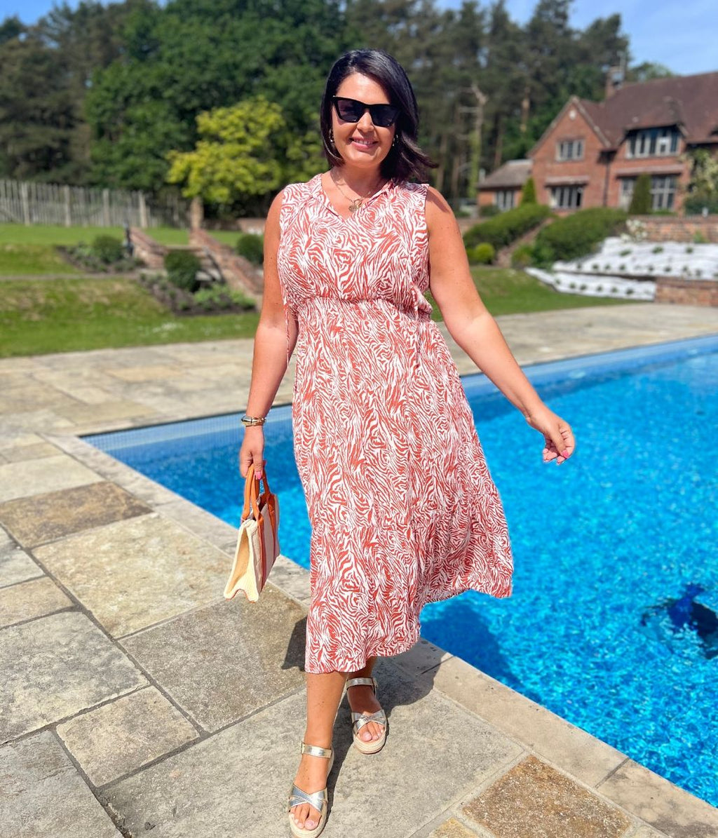 Orange Santorini Shirred Waist Midi Dress
