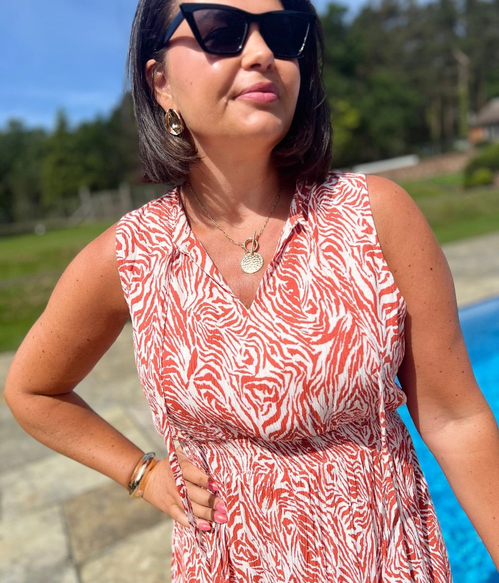 Orange Santorini Shirred Waist Midi Dress