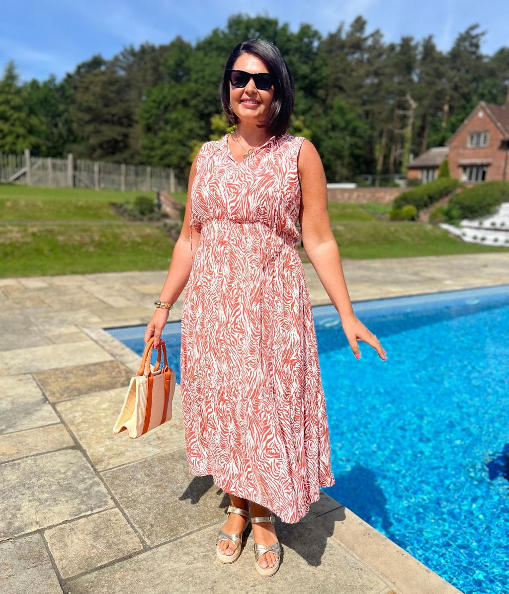 Orange Santorini Shirred Waist Midi Dress
