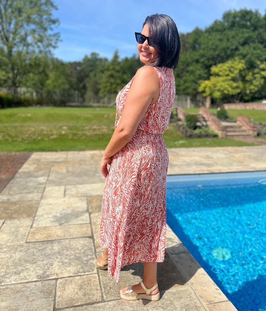 Orange Santorini Shirred Waist Midi Dress