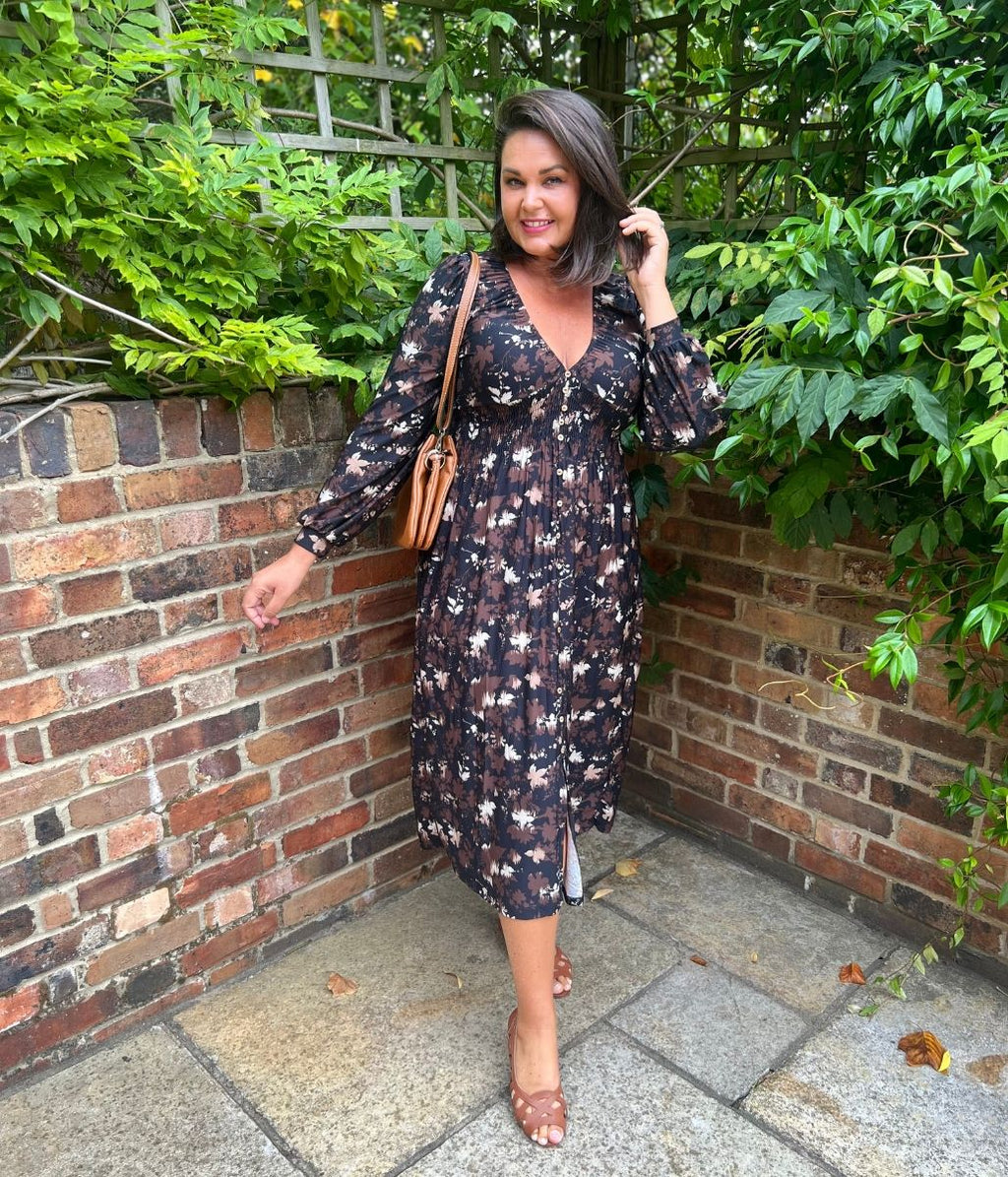 Brown Floral Paloma Midi Dress