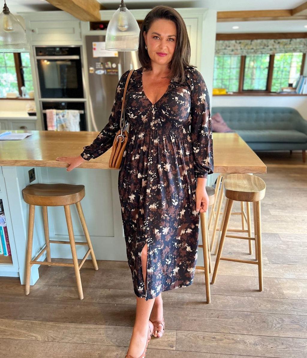 Brown Floral Paloma Midi Dress