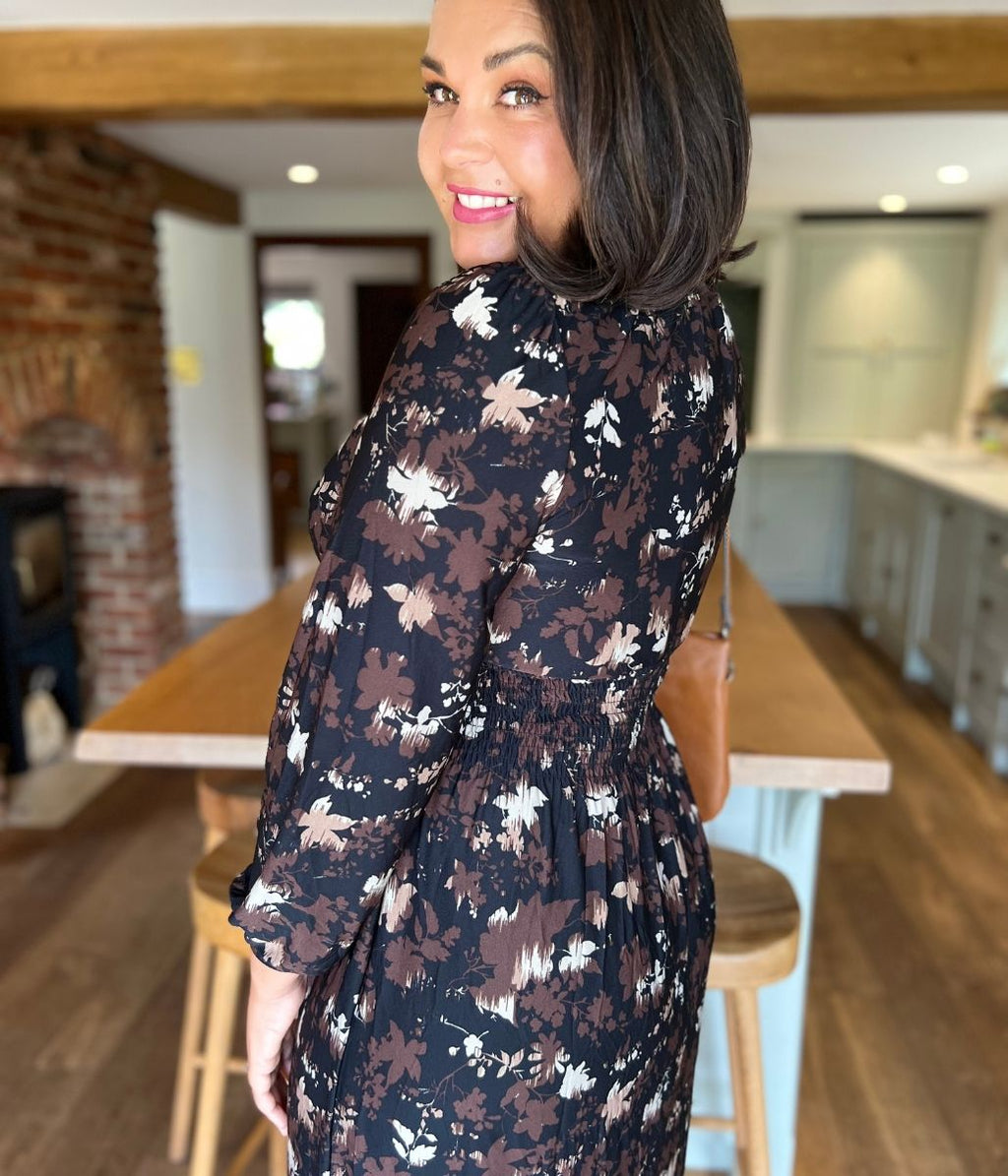 Brown Floral Paloma Midi Dress