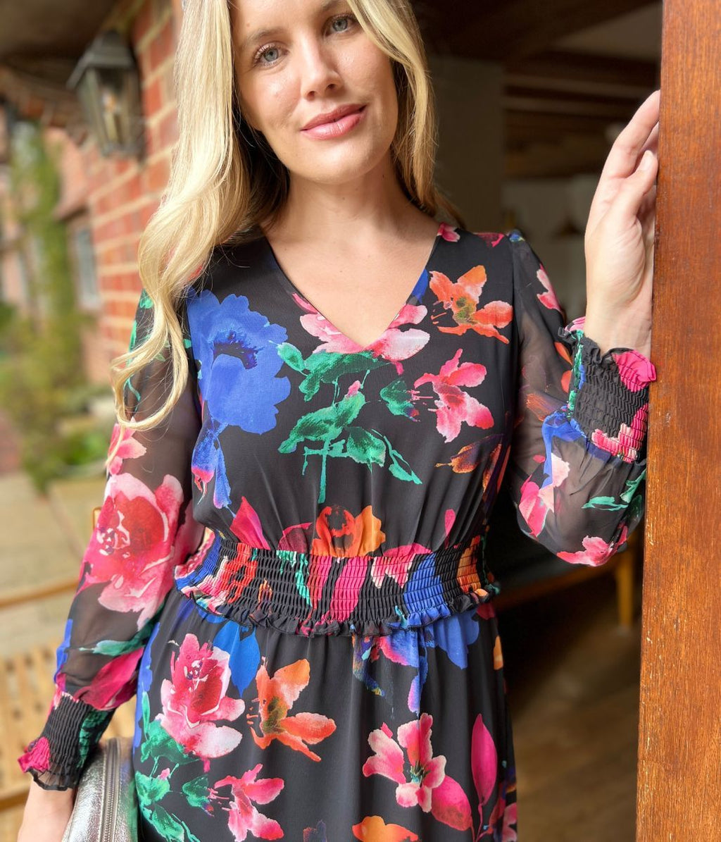 Black Floral Chiffon Layered Dress
