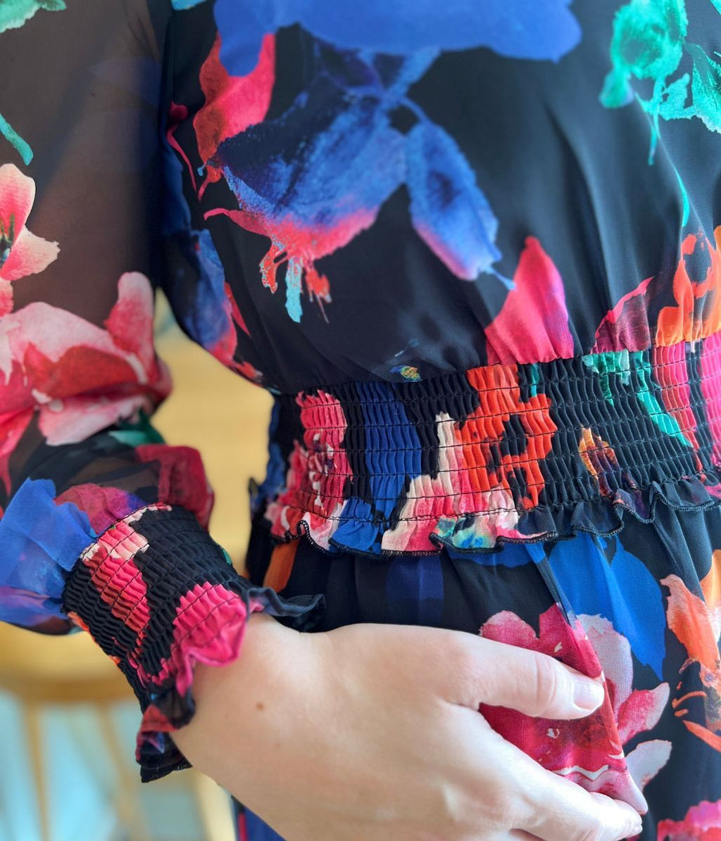 Black Floral Chiffon Layered Dress