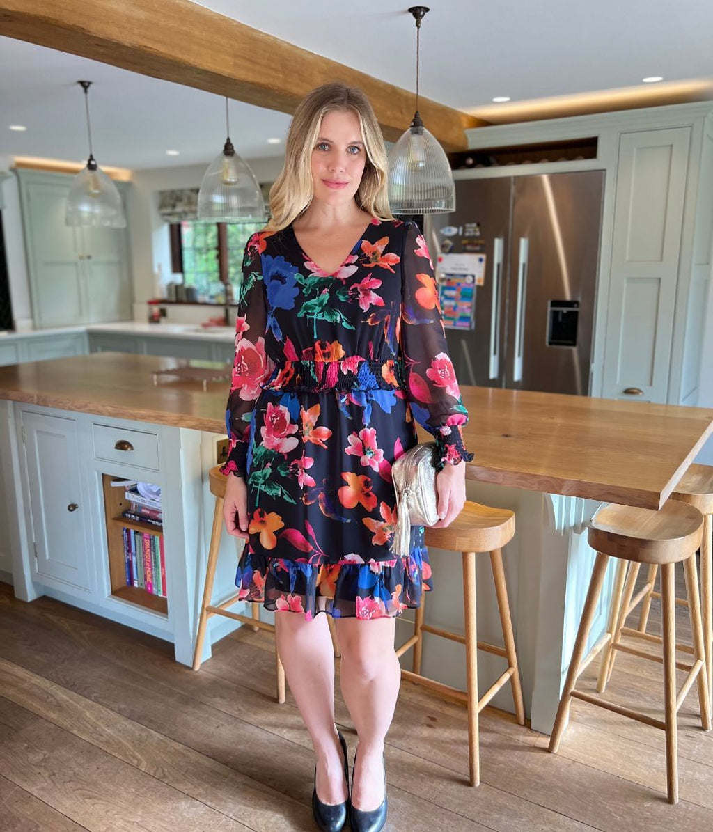Black Floral Chiffon Layered Dress