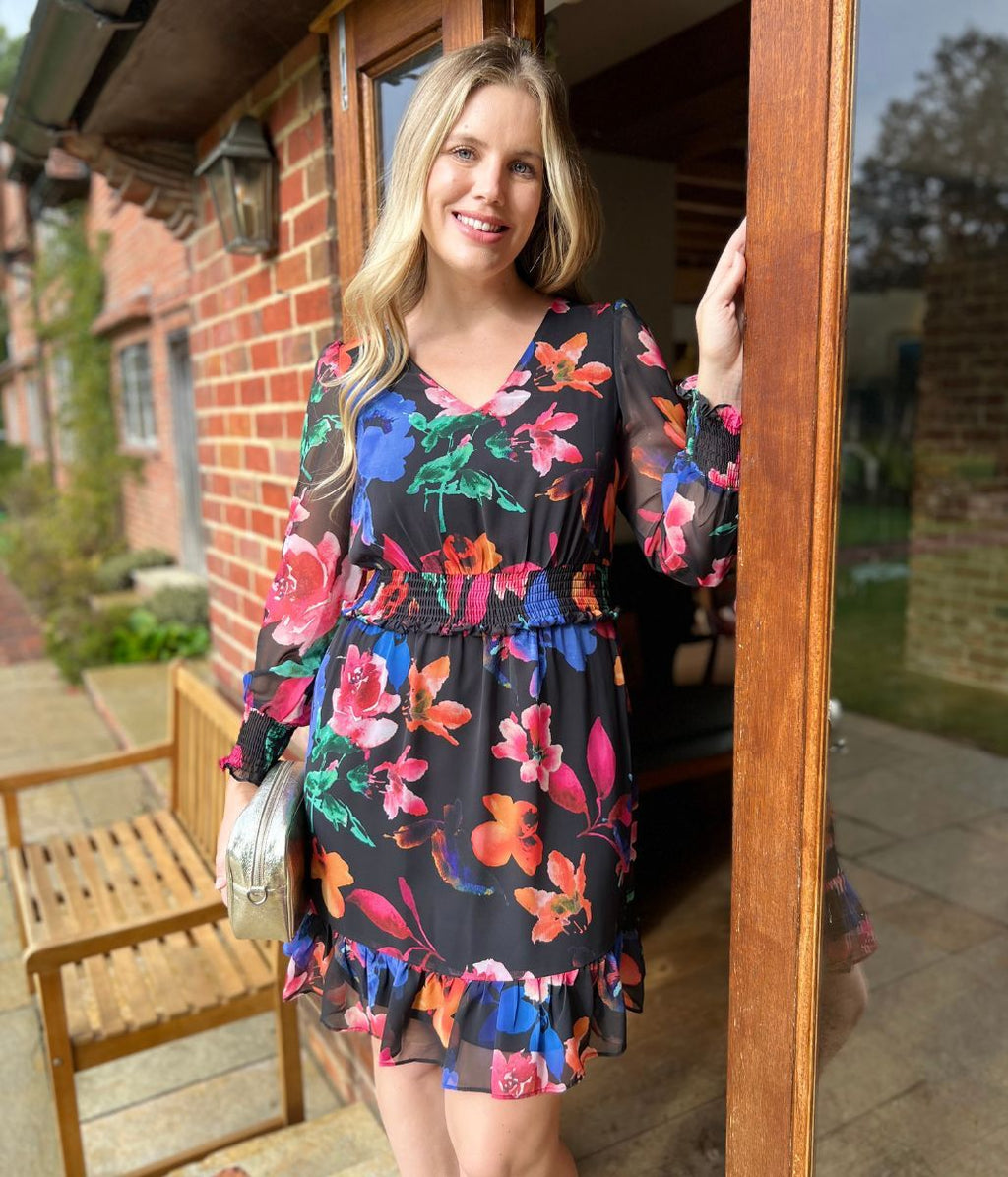 Black Floral Chiffon Layered Dress