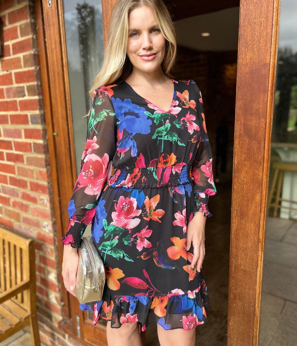 Black Floral Chiffon Layered Dress