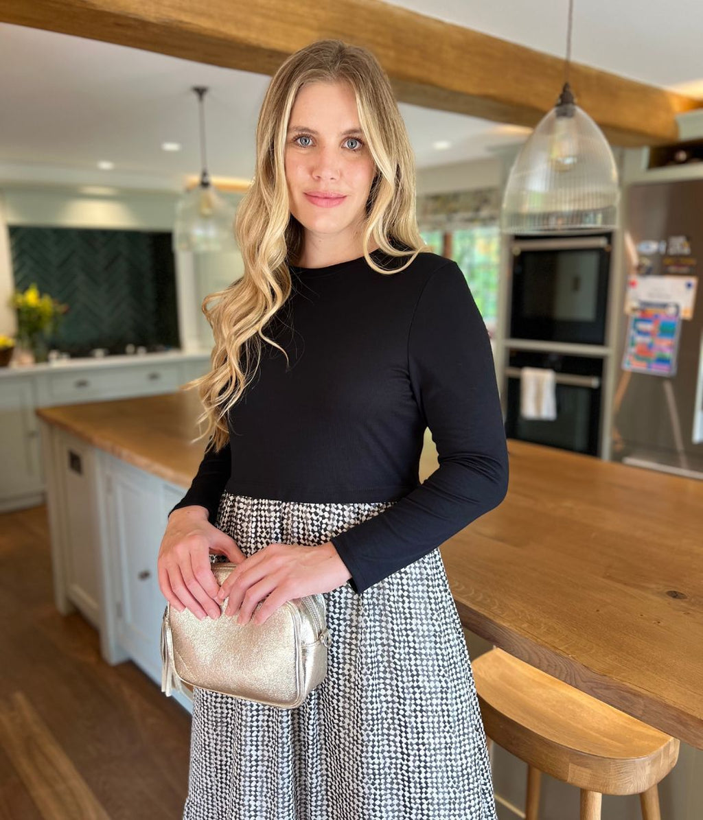 Monochrome Print Contrast Tiered Midi Dress