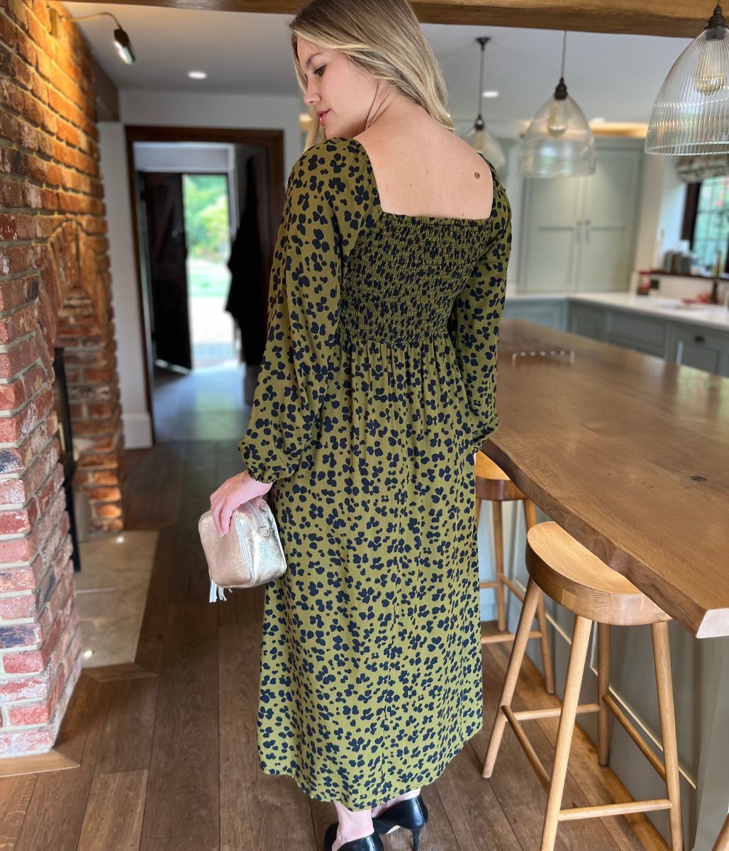 Khaki Leopard Print Shirred Midi Dress