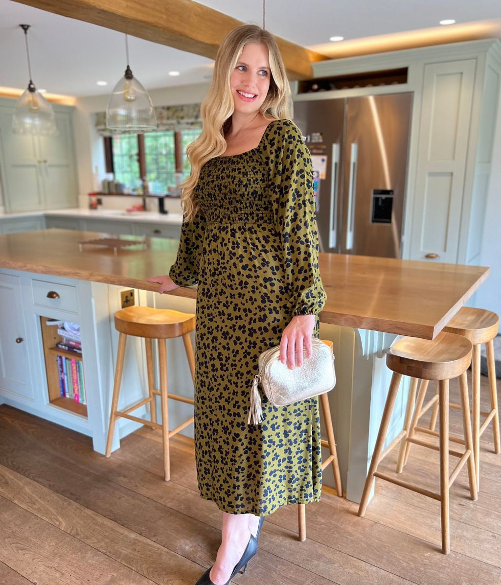 Khaki Leopard Print Shirred Midi Dress