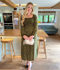Khaki Leopard Print Shirred Midi Dress