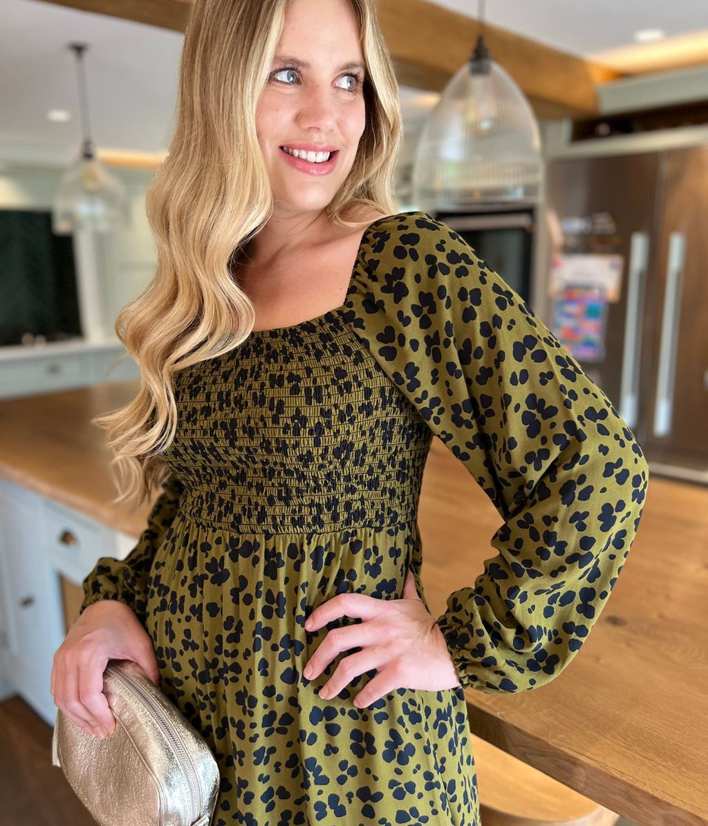 Khaki Leopard Print Shirred Midi Dress