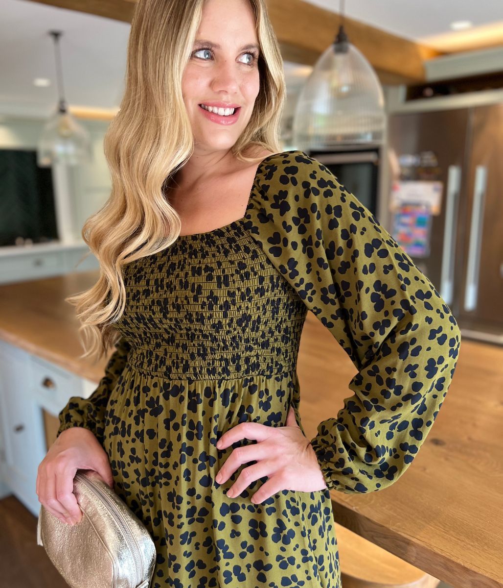 Khaki Leopard Print Shirred Midi Dress