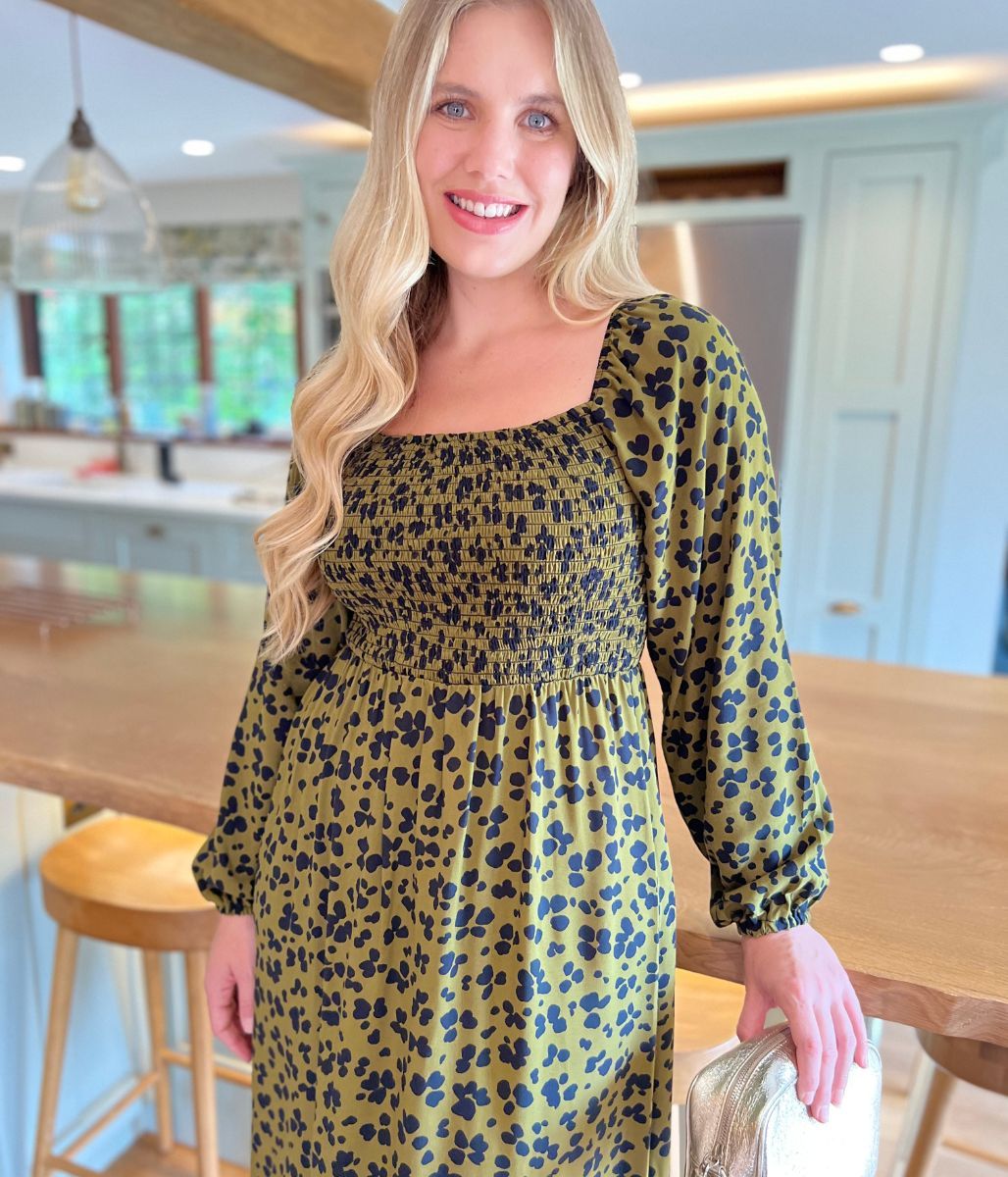 Khaki Leopard Print Shirred Midi Dress