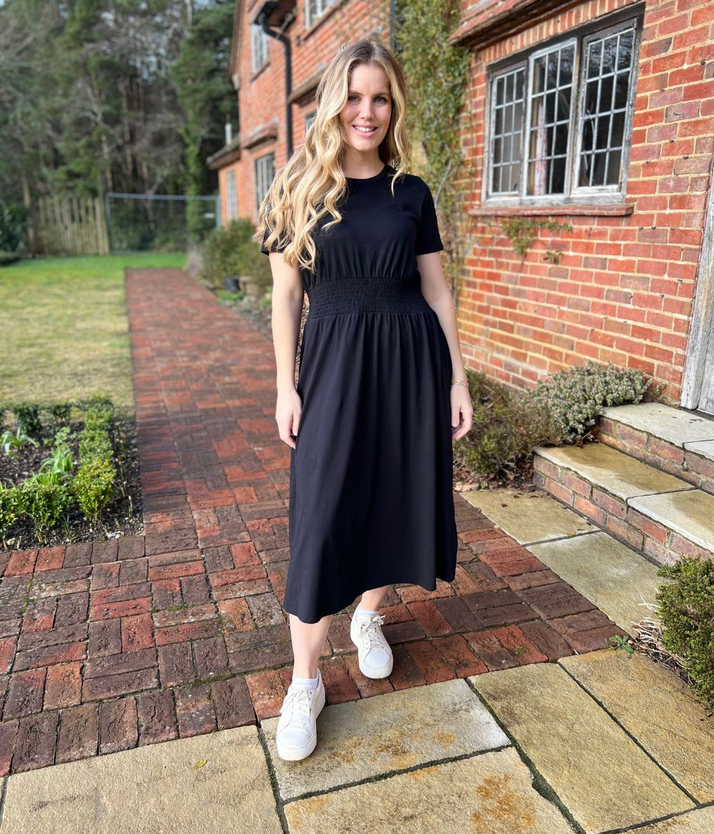 Black Cotton Shirred Waist Midi Dress