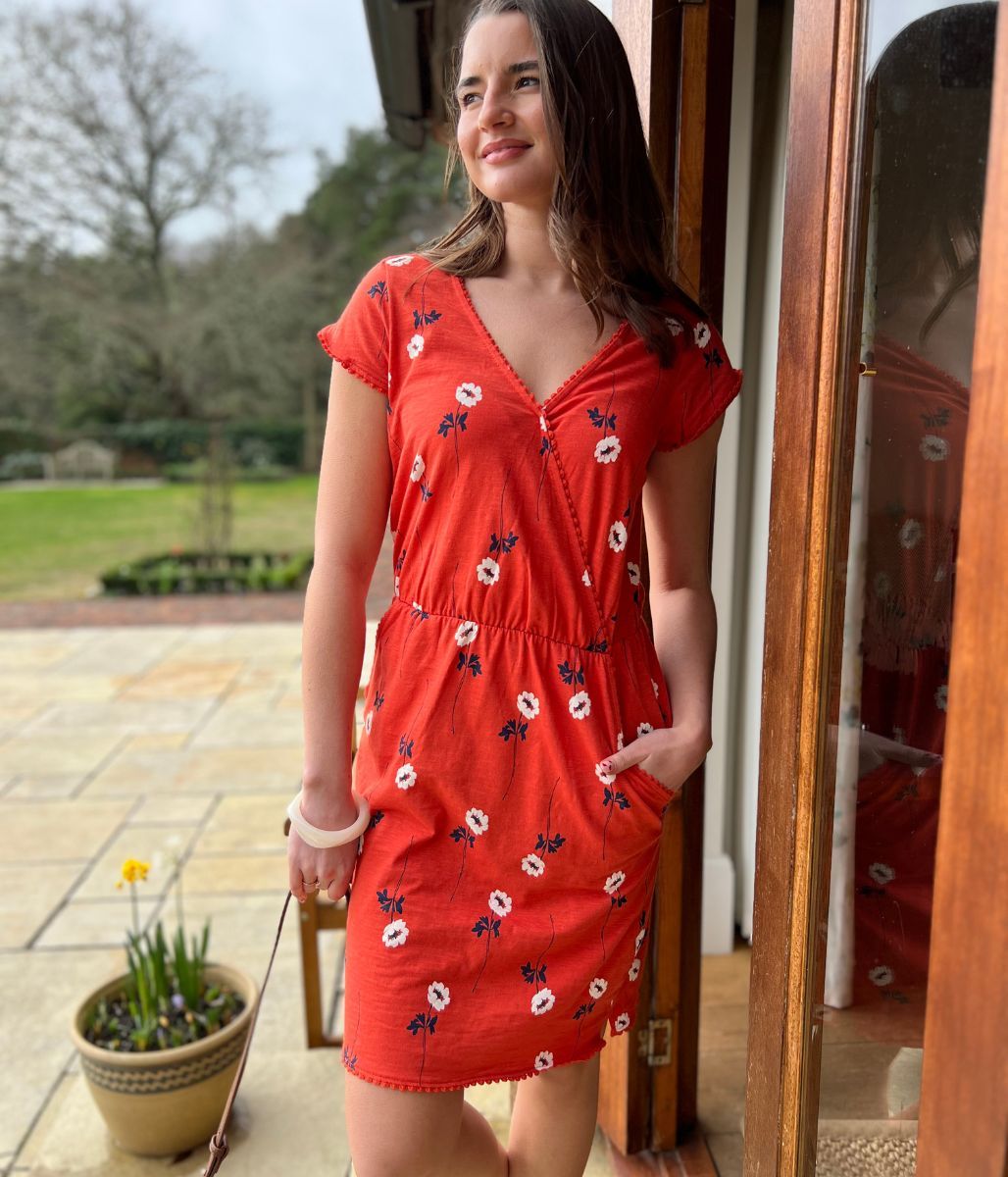 Floral Print Faux Wrap Cotton Dress