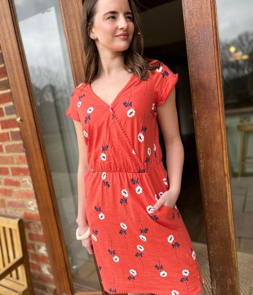 Floral Print Faux Wrap Cotton Dress