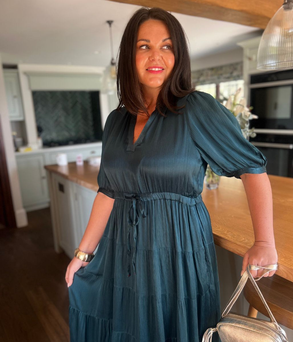 Teal Elle Tiered Satin Dress