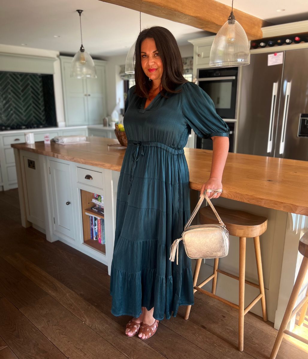Teal Elle Tiered Satin Dress