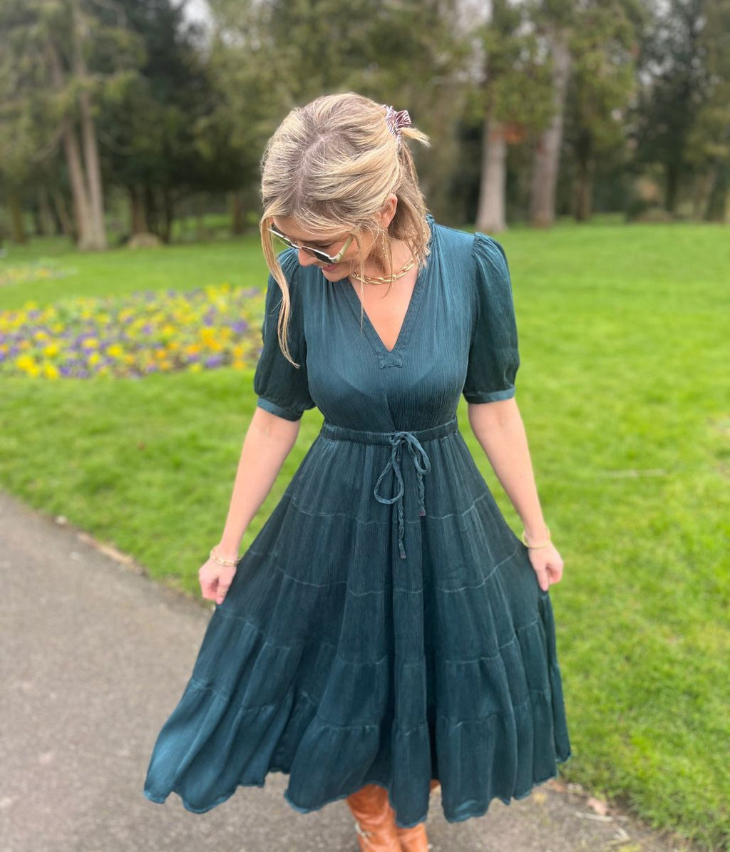 Teal Elle Tiered Satin Dress