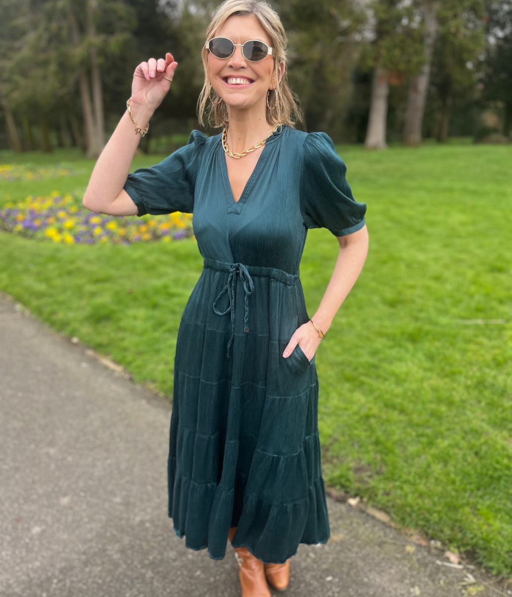 Teal Elle Tiered Satin Dress