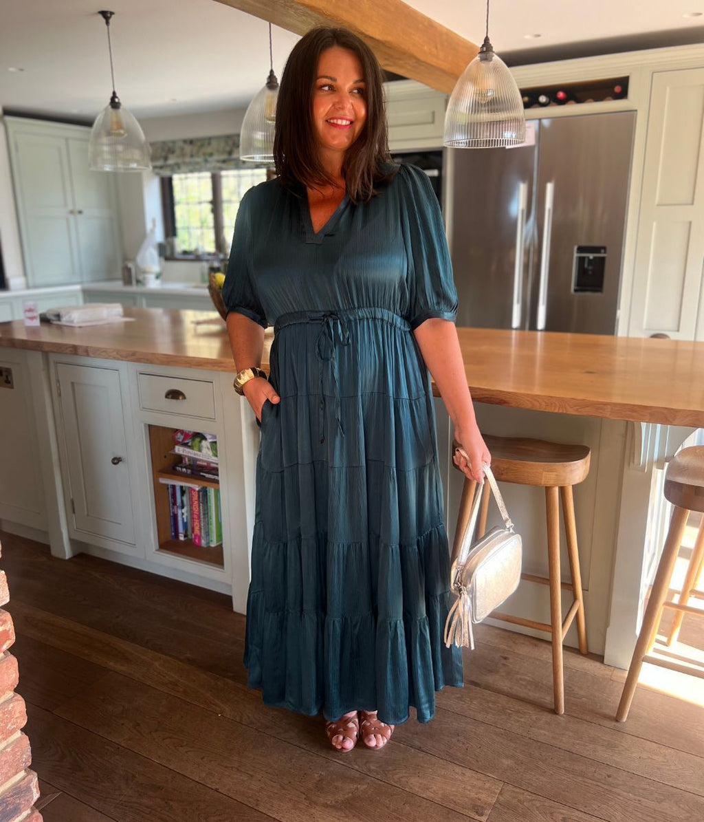 Teal Elle Tiered Satin Dress