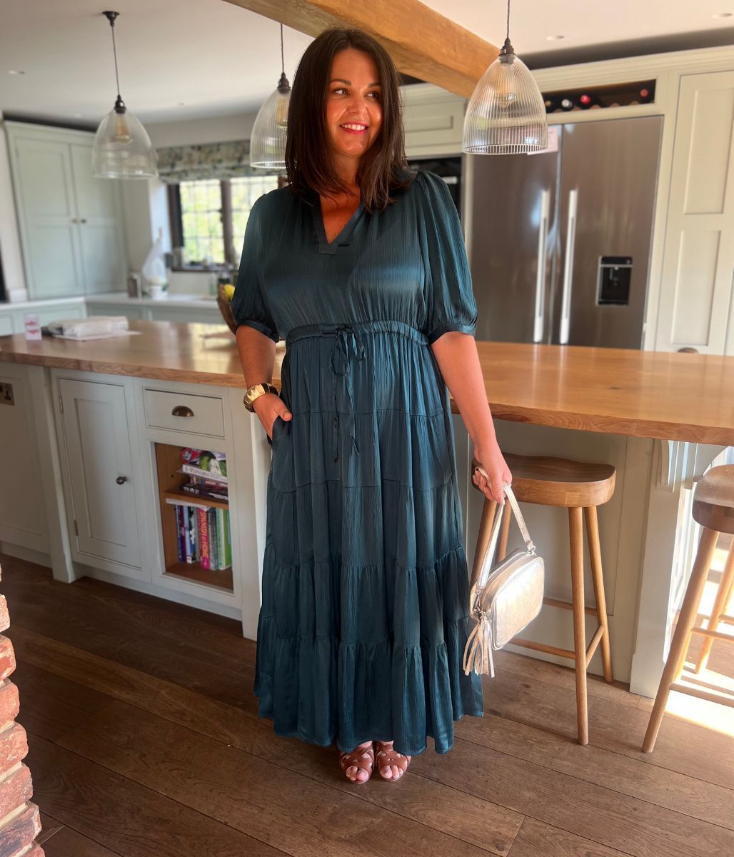 Teal Elle Tiered Satin Dress
