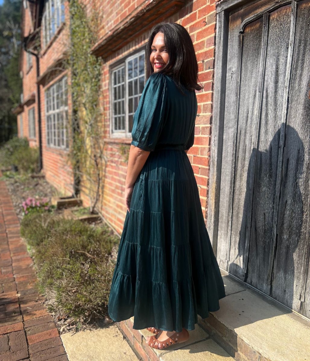 Teal Elle Tiered Satin Dress
