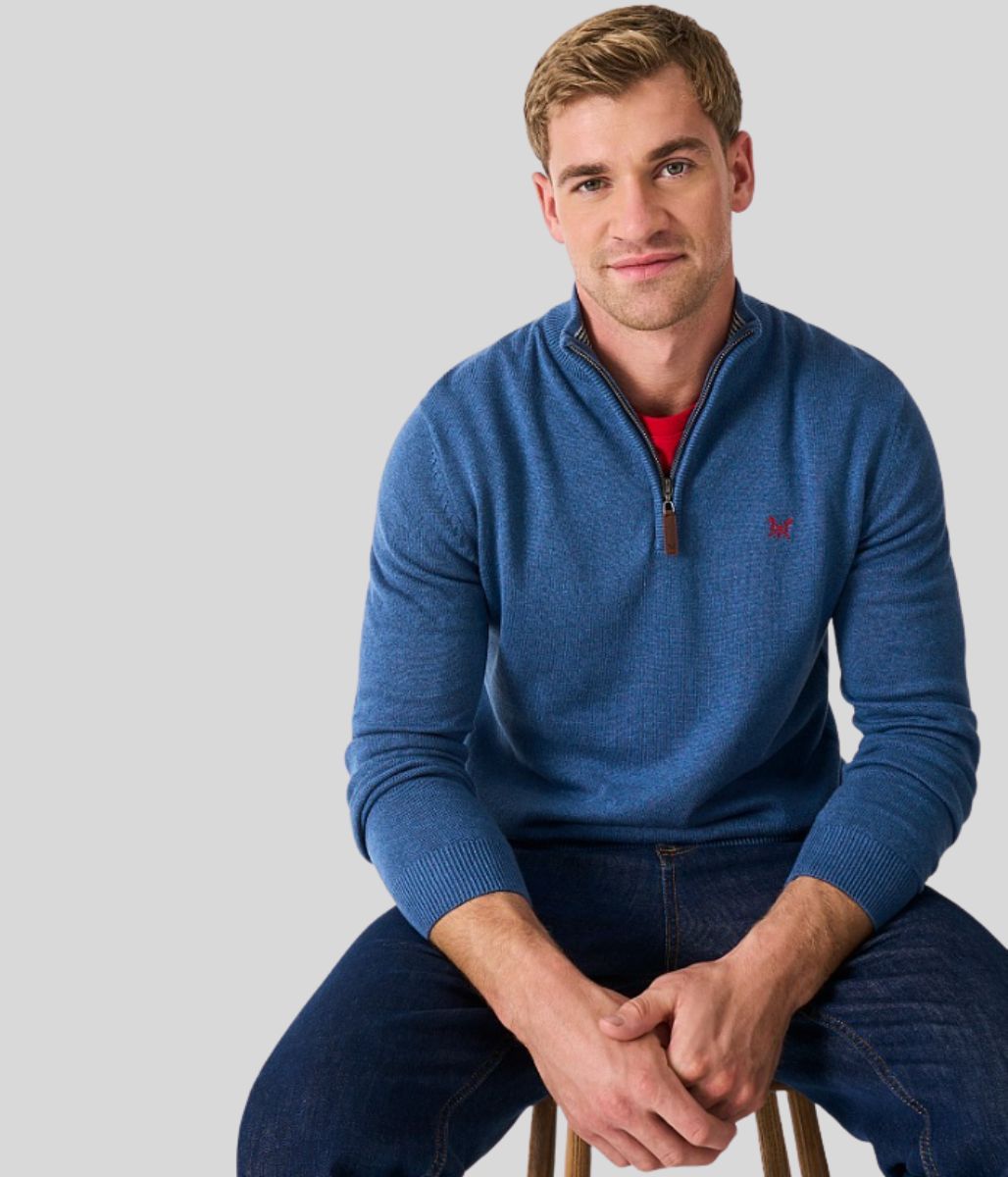 Blue Mens Cotton Half Zip Jumper