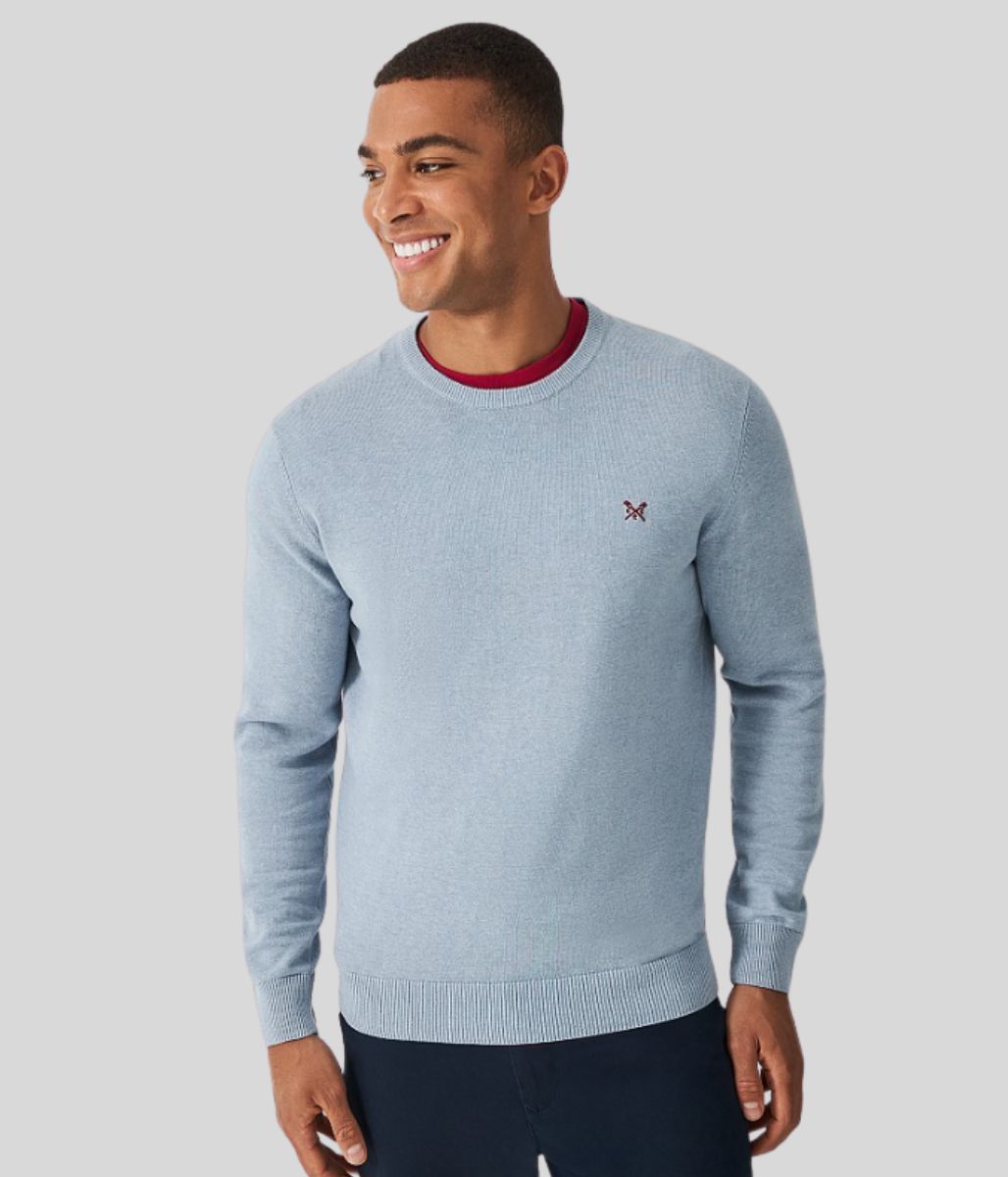 Blue Mens Cotton Crew Neck Logo Jumper